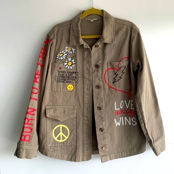 Ascot & Hart Green Army Jacket hand painted with graphic details, size S - Picture 2 of 16